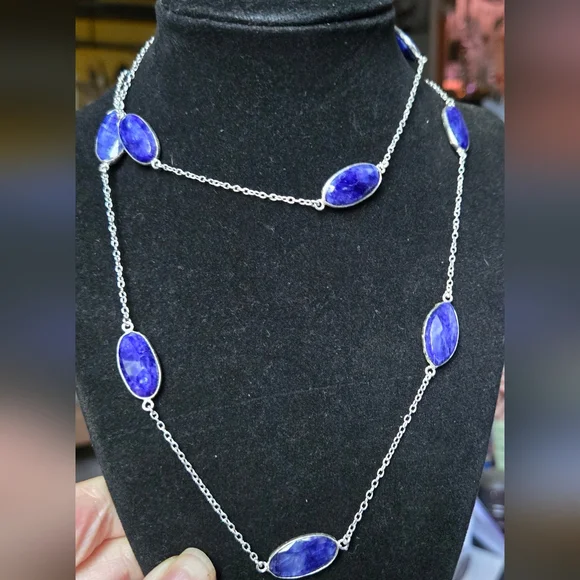 Lapis lazule natural crystal gemstone sterling station necklace 16"/33" - Picture 3 of 9